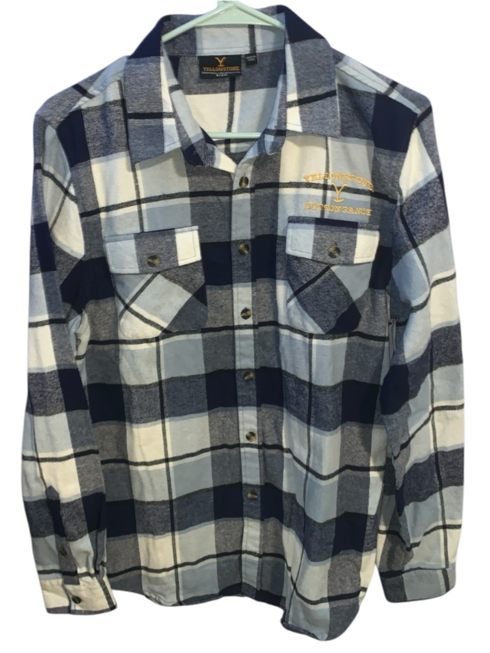 Yellowstone Dutton Ranch Flannel Shirt Womens Small Blue White Button Up